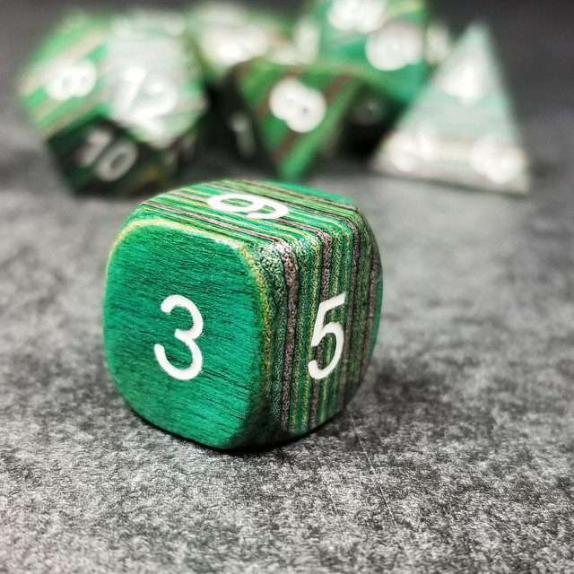 Sage’s Trees - Green/Grey/Black Technical Wood White Ink Polyhedral Dice Set - Sage's PortalWood Dice Set