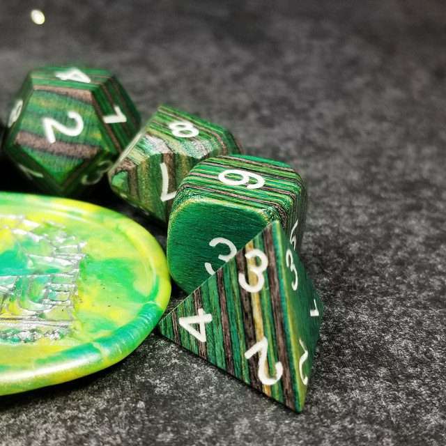 Sage’s Trees - Green/Grey/Black Technical Wood White Ink Polyhedral Dice Set - Sage's PortalWood Dice Set