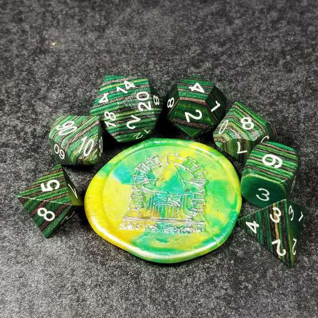 Sage’s Trees - Green/Grey/Black Technical Wood White Ink Polyhedral Dice Set - Sage's PortalWood Dice Set