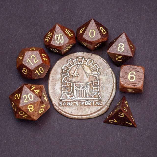 Sage's Trees - Purpleheart Wood Gold Ink Polyhedral Dice Set - Sage's PortalWood Dice Set