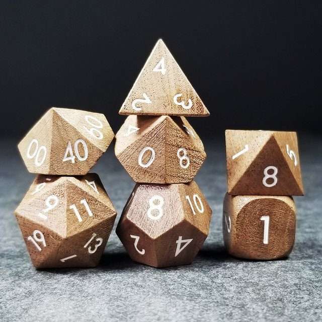 Sage’s Trees - Walnut Wood Oversized White Ink Polyhedral Dice Set - Sage's PortalWood Dice Set