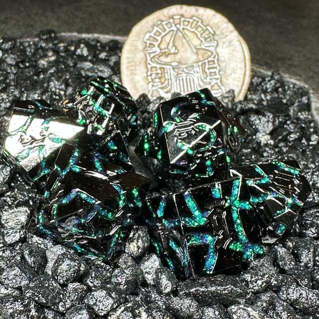 Sage's Warp Stones Green Nebula Metal Polyhedral Dice Set - Sage's PortalMetal Dice Set