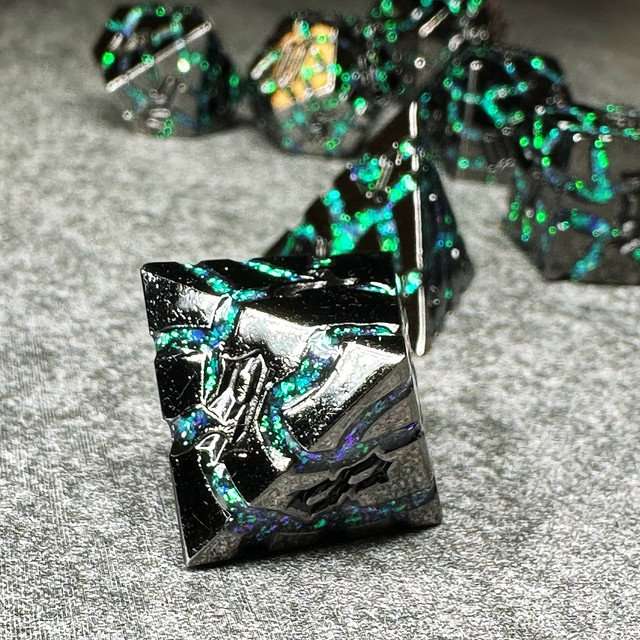 Sage's Warp Stones Green Nebula Metal Polyhedral Dice Set - Sage's PortalMetal Dice Set