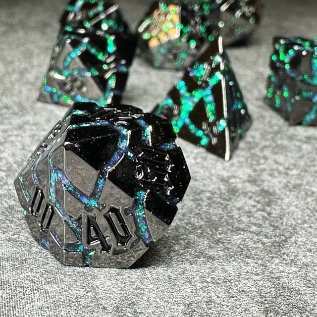 Sage's Warp Stones Green Nebula Metal Polyhedral Dice Set - Sage's PortalMetal Dice Set