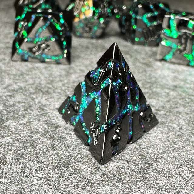 Sage's Warp Stones Green Nebula Metal Polyhedral Dice Set - Sage's PortalMetal Dice Set