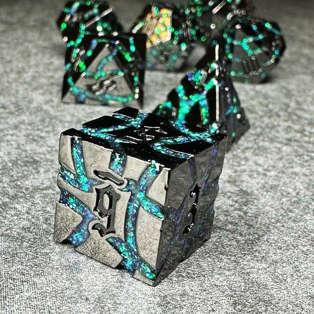 Sage's Warp Stones Green Nebula Metal Polyhedral Dice Set - Sage's PortalMetal Dice Set