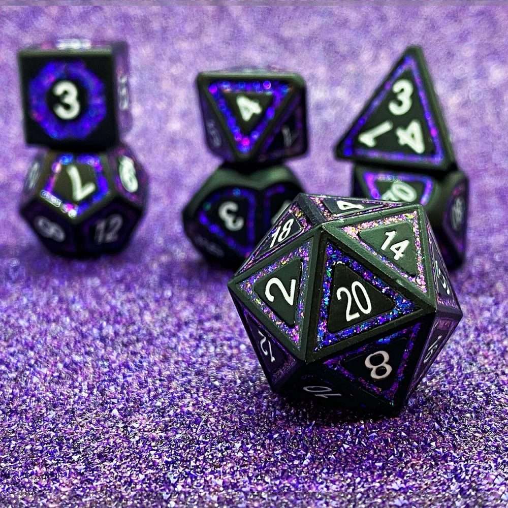 Sage's Wonders - Matte Black Purple Glitter Inlay Metal Polyhedral Dice Set - Sage's PortalMetal Dice Set