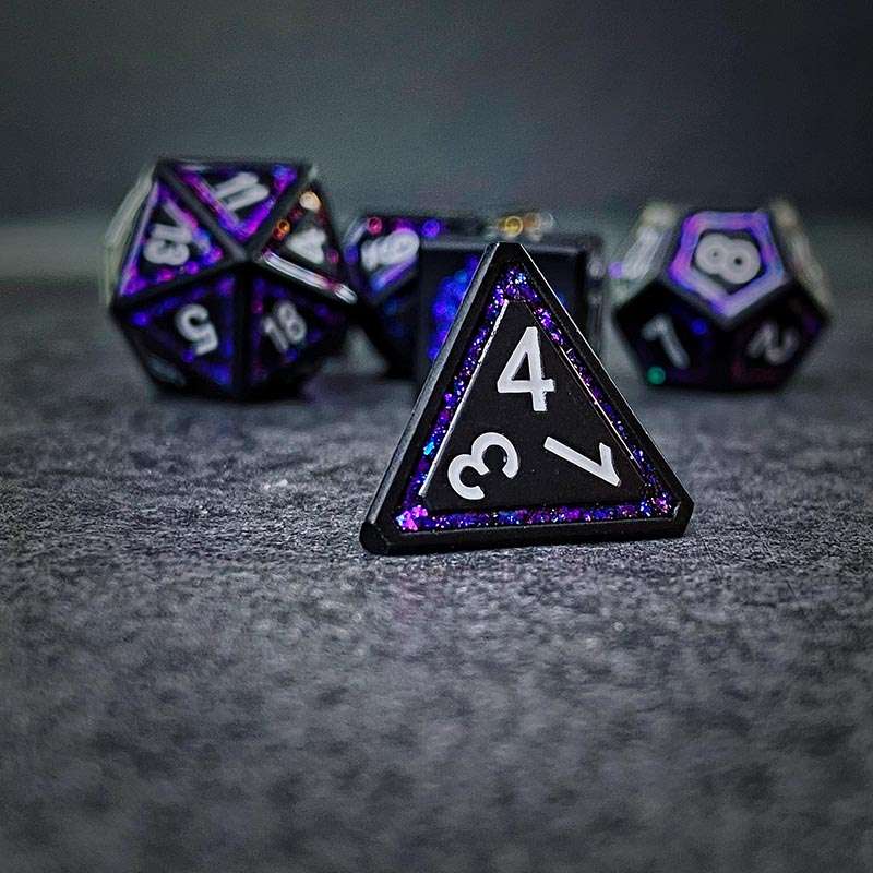 Sage's Wonders - Matte Black Purple Glitter Inlay Metal Polyhedral Dice Set - Sage's PortalMetal Dice Set