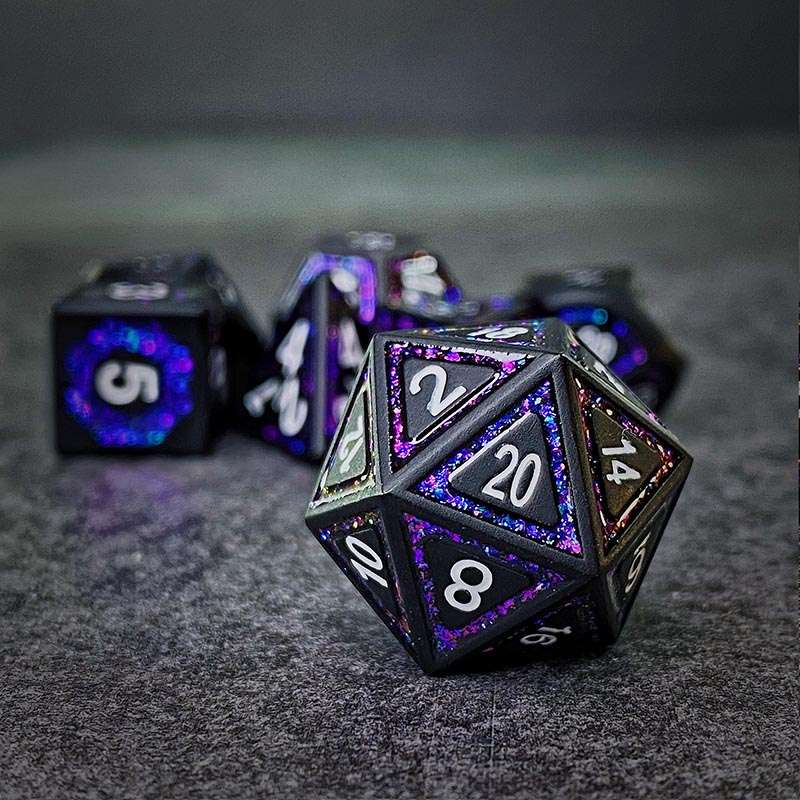 Sage's Wonders - Matte Black Purple Glitter Inlay Metal Polyhedral Dice Set - Sage's PortalMetal Dice Set