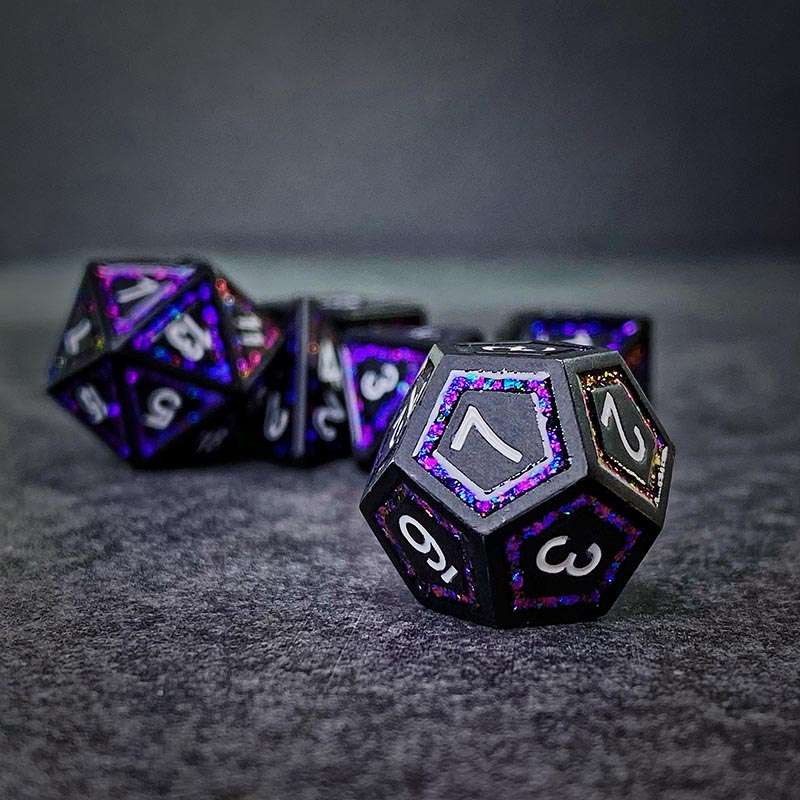 Sage's Wonders - Matte Black Purple Glitter Inlay Metal Polyhedral Dice Set - Sage's PortalMetal Dice Set