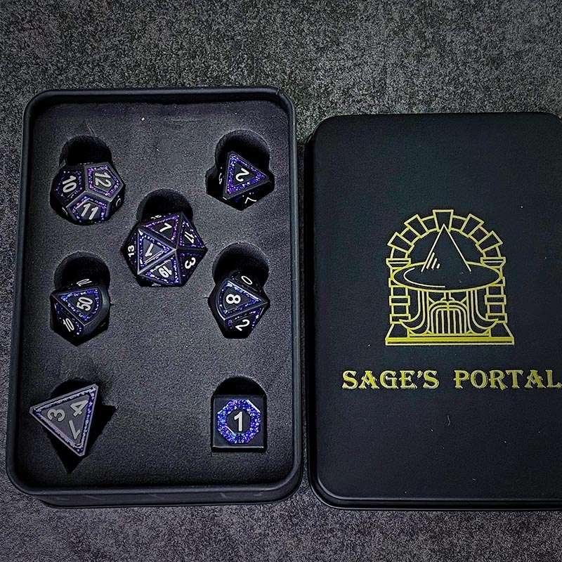 Sage's Wonders - Matte Black Purple Glitter Inlay Metal Polyhedral Dice Set - Sage's PortalMetal Dice Set