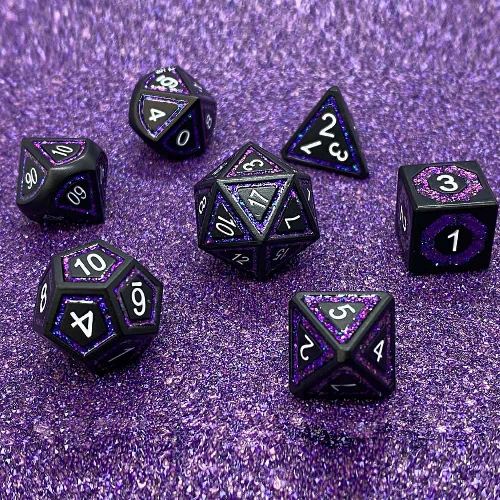 Sage's Wonders - Matte Black Purple Glitter Inlay Metal Polyhedral Dice Set - Sage's PortalMetal Dice Set