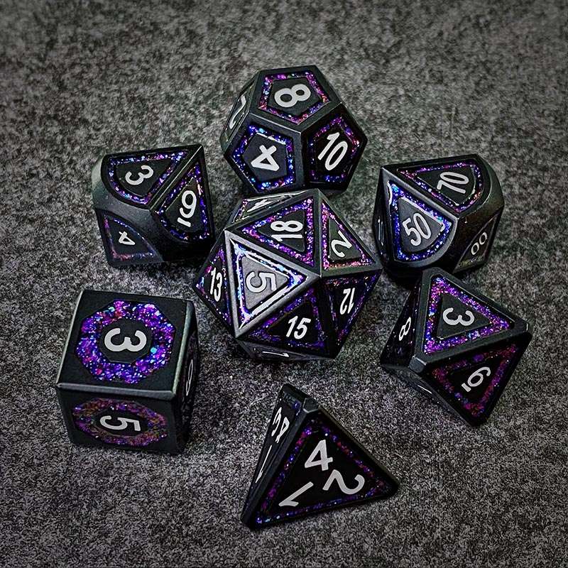Sage's Wonders - Matte Black Purple Glitter Inlay Metal Polyhedral Dice Set - Sage's PortalMetal Dice Set