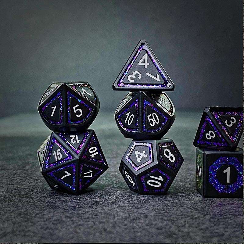 Sage's Wonders - Matte Black Purple Glitter Inlay Metal Polyhedral Dice Set - Sage's PortalMetal Dice Set