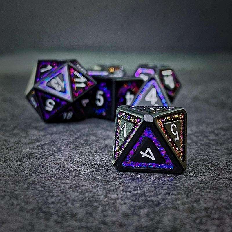 Sage's Wonders - Matte Black Purple Glitter Inlay Metal Polyhedral Dice Set - Sage's PortalMetal Dice Set