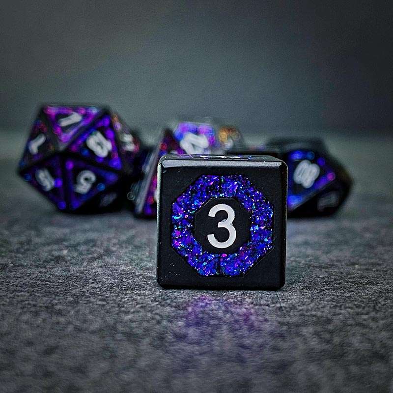 Sage's Wonders - Matte Black Purple Glitter Inlay Metal Polyhedral Dice Set - Sage's PortalMetal Dice Set