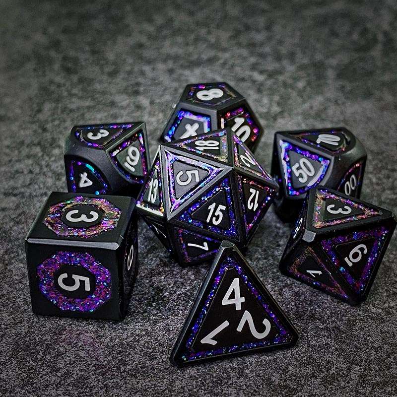 Sage's Wonders - Matte Black Purple Glitter Inlay Metal Polyhedral Dice Set - Sage's PortalMetal Dice Set