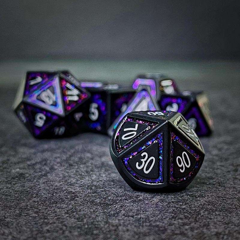 Sage's Wonders - Matte Black Purple Glitter Inlay Metal Polyhedral Dice Set - Sage's PortalMetal Dice Set