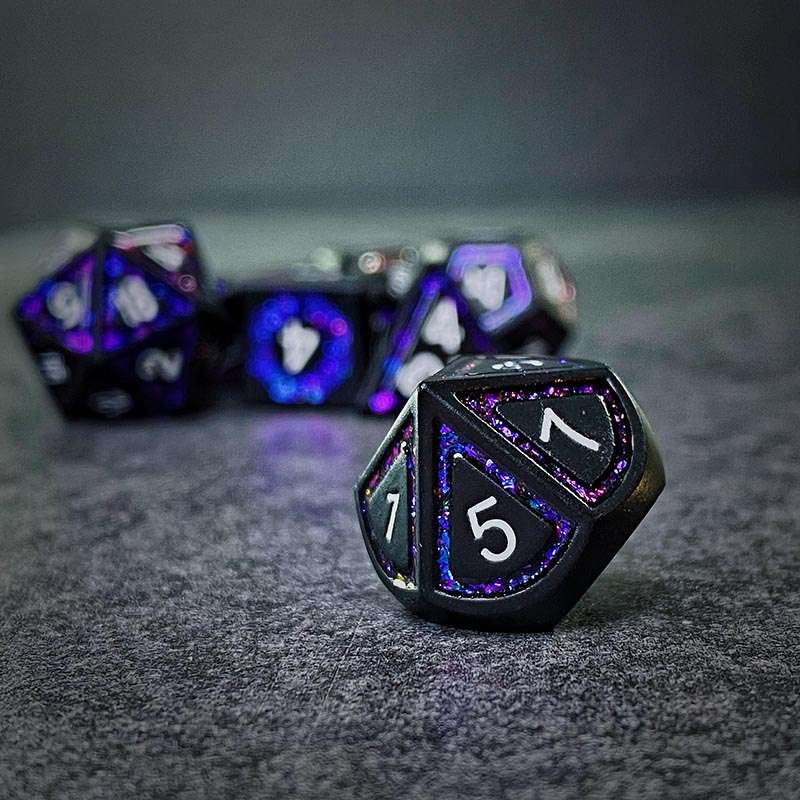 Sage's Wonders - Matte Black Purple Glitter Inlay Metal Polyhedral Dice Set - Sage's PortalMetal Dice Set