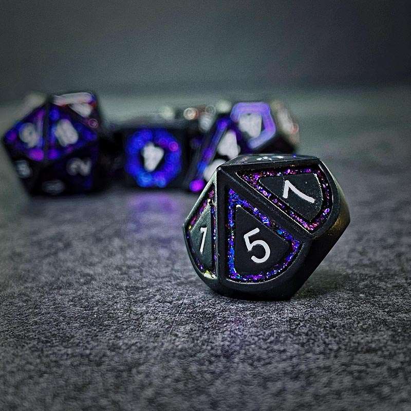 Sage's Wonders - Matte Black Purple Glitter Inlay Metal Polyhedral Dice Set - Sage's PortalMetal Dice Set