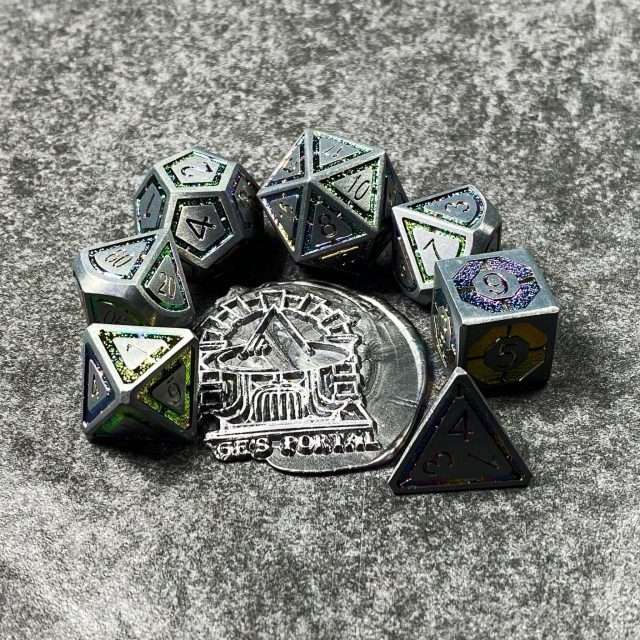 Sage's Wonders - Matte Silver Holo Inlay Metal Polyhedral Dice Set - Sage's PortalMetal Dice Set