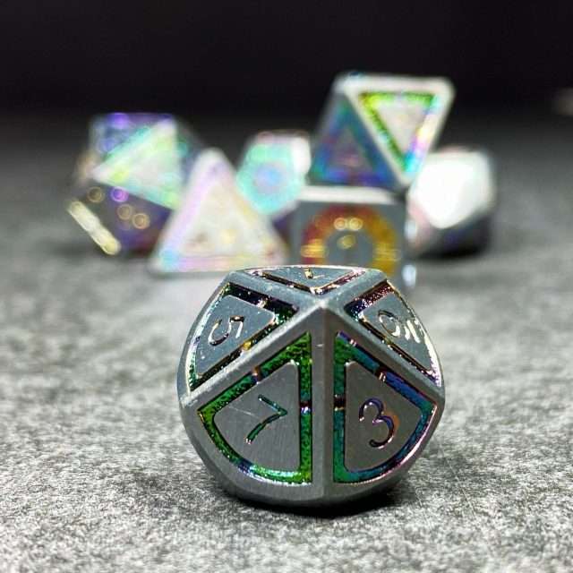 Sage's Wonders - Matte Silver Holo Inlay Metal Polyhedral Dice Set - Sage's PortalMetal Dice Set