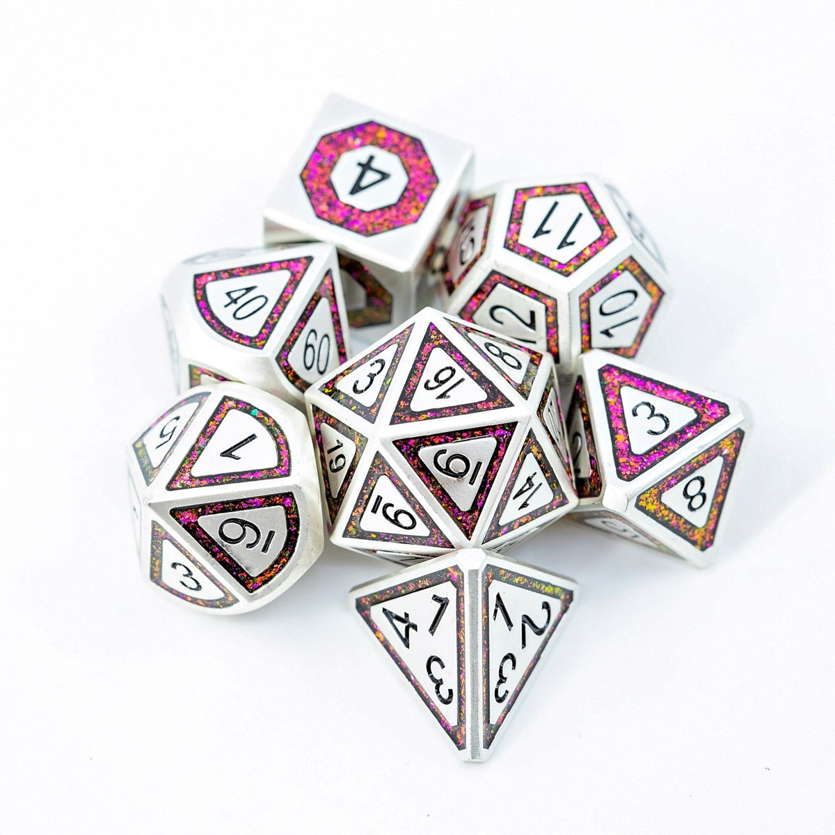 Sage's Wonders - Pearl Silver Burgundy Glitter Metal Polyhedral Dice Set - Sage's PortalMetal Dice Set
