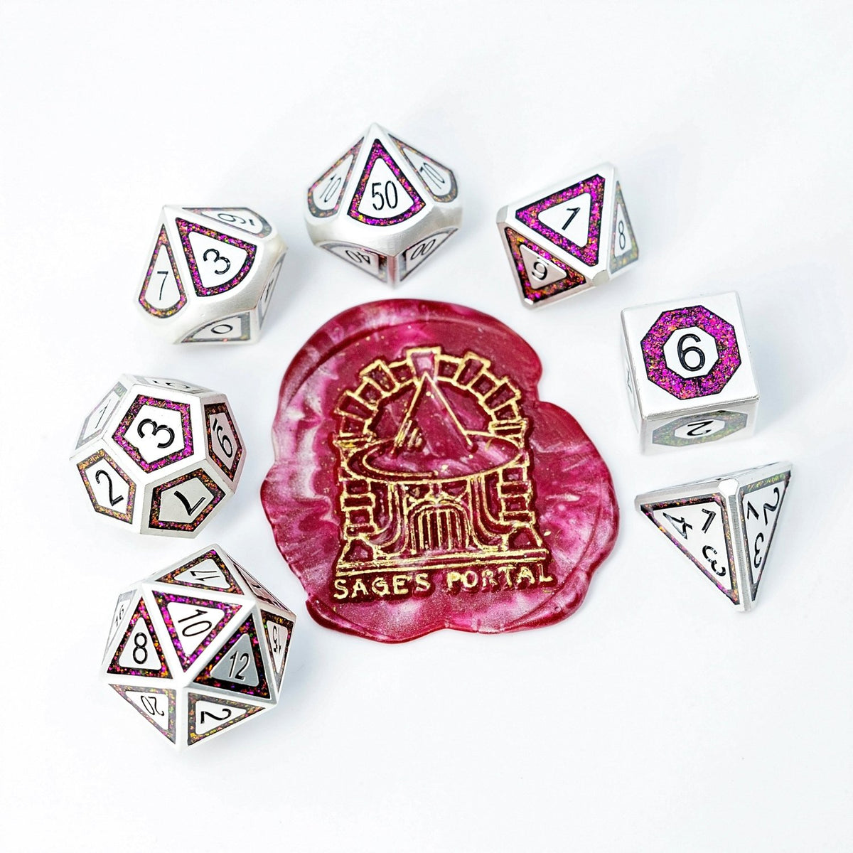 Sage's Wonders - Pearl Silver Burgundy Glitter Metal Polyhedral Dice Set - Sage's PortalMetal Dice Set