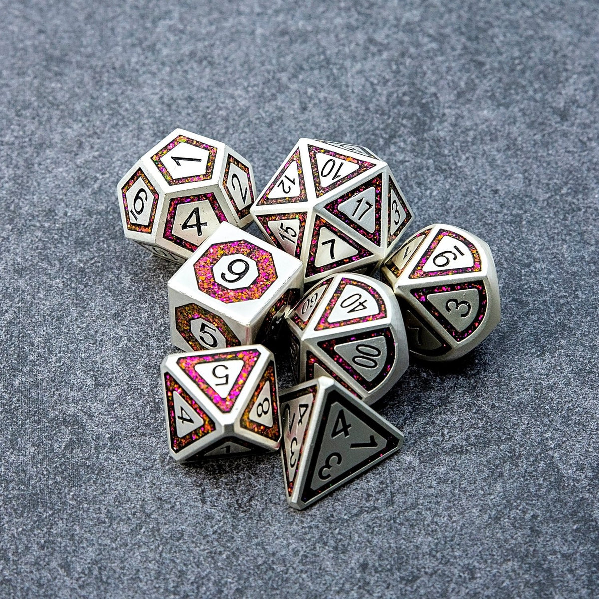 Sage's Wonders - Pearl Silver Burgundy Glitter Metal Polyhedral Dice Set - Sage's PortalMetal Dice Set
