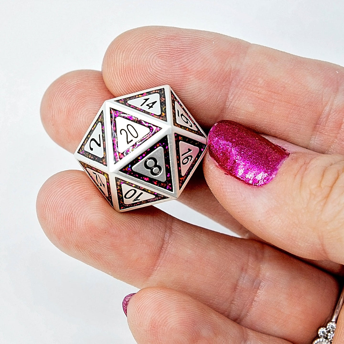 Sage's Wonders - Pearl Silver Burgundy Glitter Metal Polyhedral Dice Set - Sage's PortalMetal Dice Set