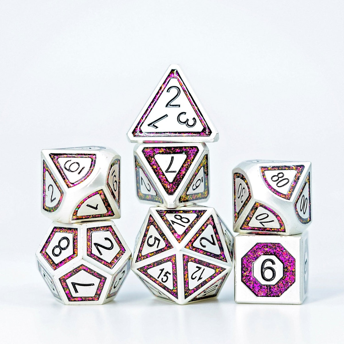 Sage's Wonders - Pearl Silver Burgundy Glitter Metal Polyhedral Dice Set - Sage's PortalMetal Dice Set