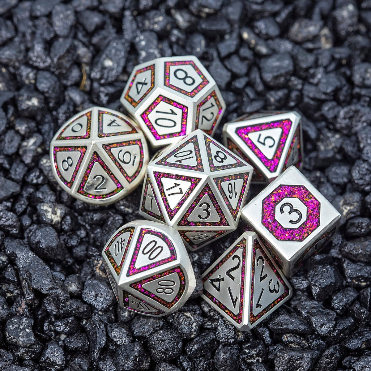 Sage's Wonders - Pearl Silver Burgundy Glitter Metal Polyhedral Dice Set - Sage's PortalMetal Dice Set