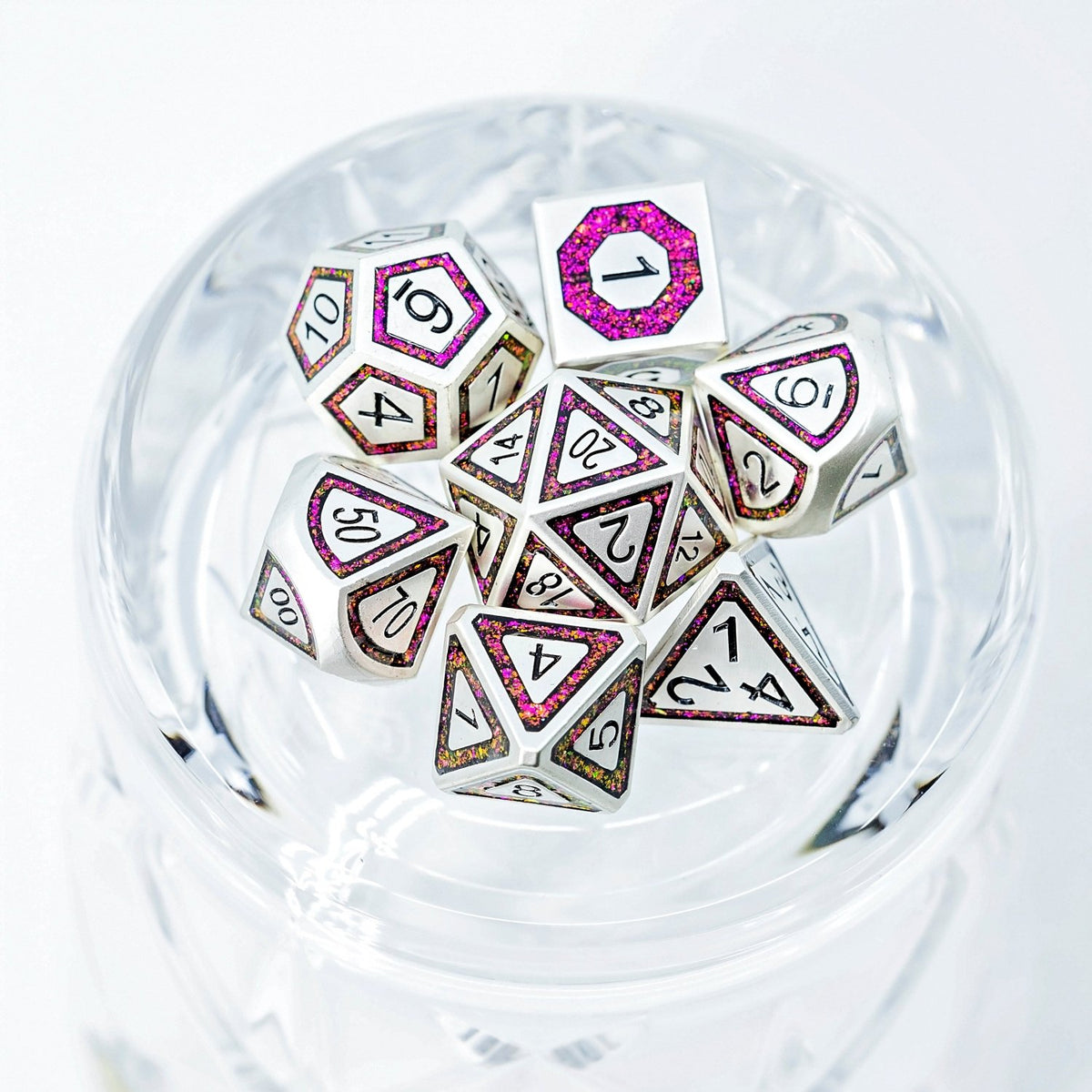 Sage's Wonders - Pearl Silver Burgundy Glitter Metal Polyhedral Dice Set - Sage's PortalMetal Dice Set