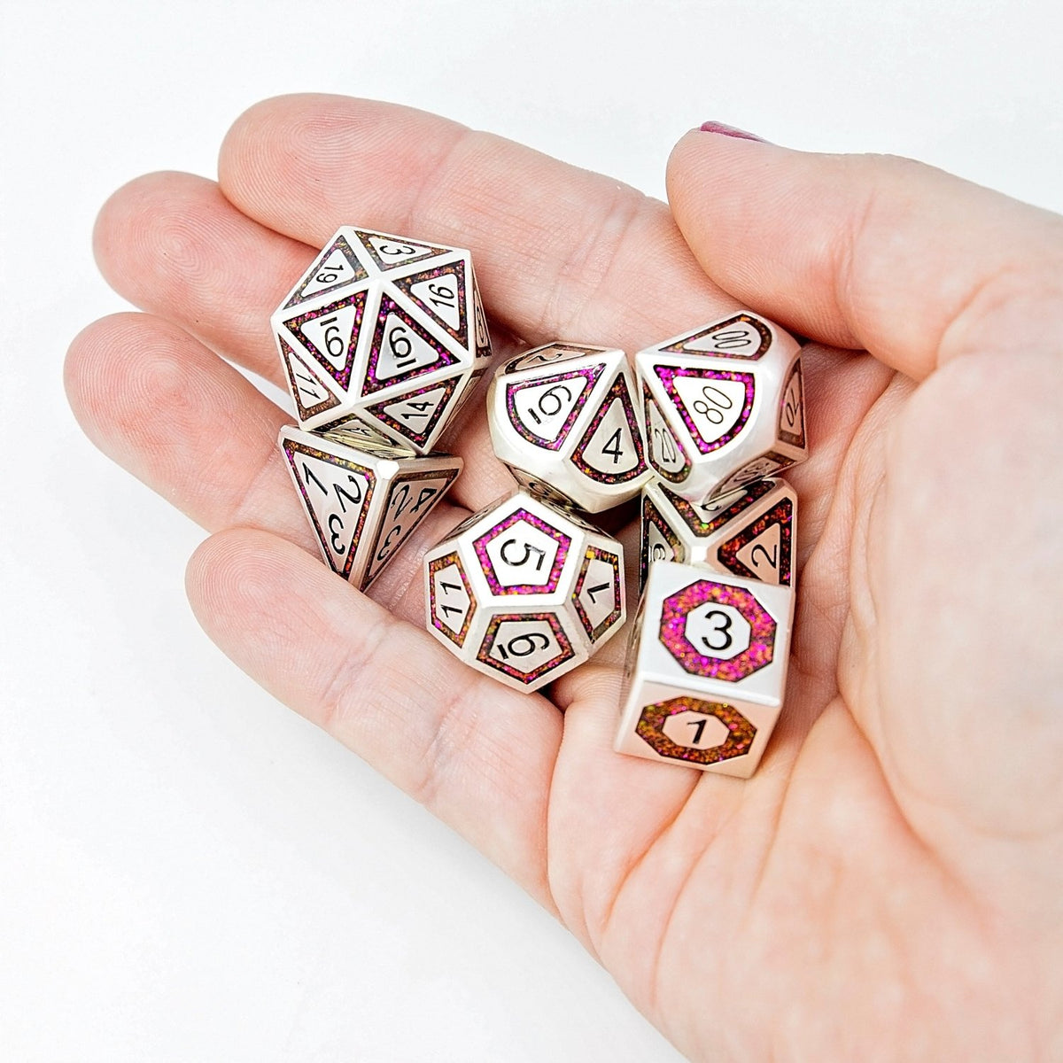 Sage's Wonders - Pearl Silver Burgundy Glitter Metal Polyhedral Dice Set - Sage's PortalMetal Dice Set