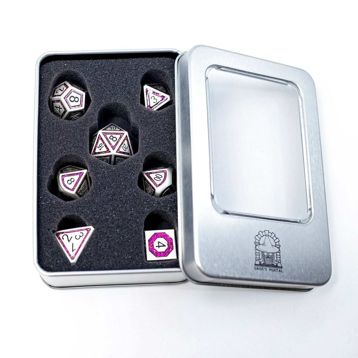 Sage's Wonders - Pearl Silver Burgundy Glitter Metal Polyhedral Dice Set - Sage's PortalMetal Dice Set