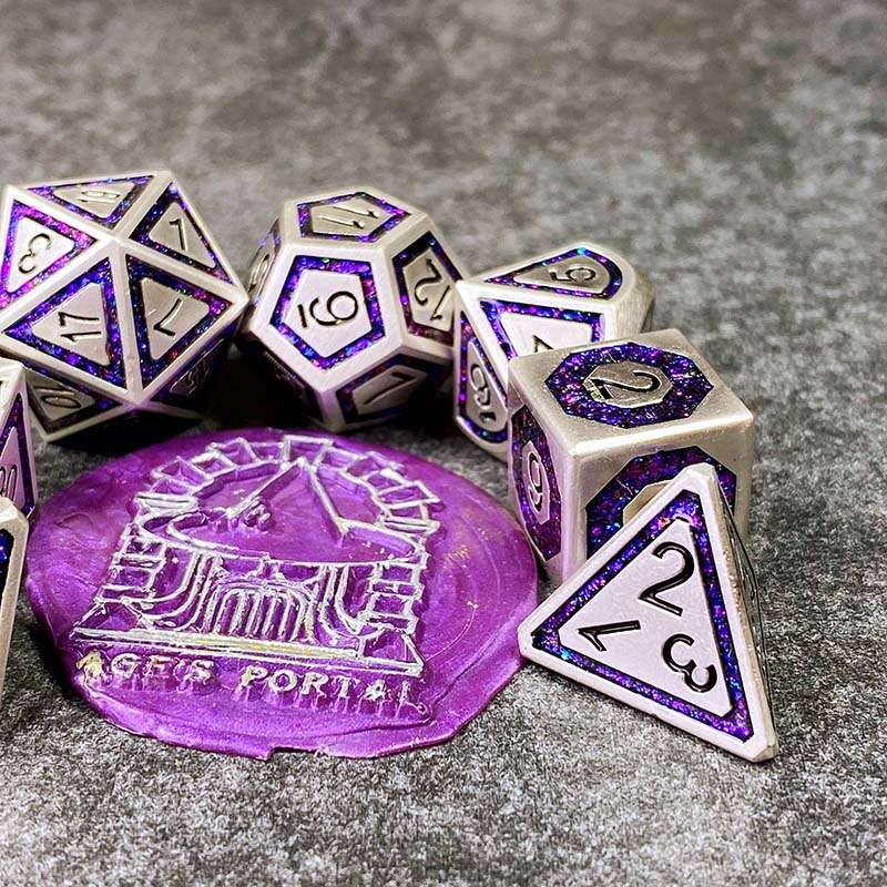 Sage's Wonders - Pearl Silver Purple Glitter Inlay Metal Polyhedral Dice Set - Sage's PortalMetal Dice Set