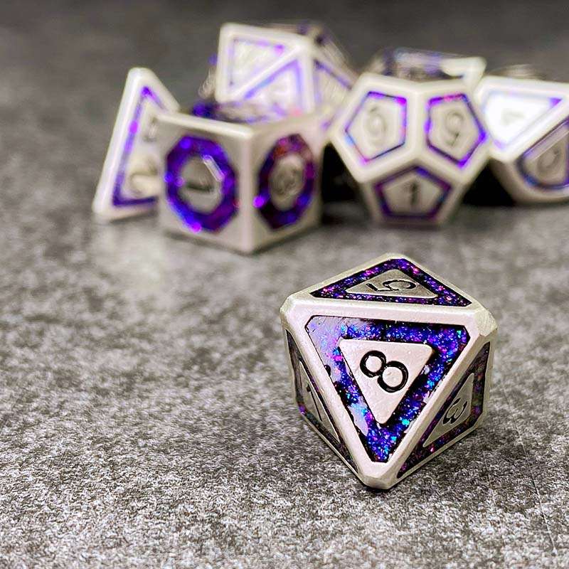 Sage's Wonders - Pearl Silver Purple Glitter Inlay Metal Polyhedral Dice Set - Sage's PortalMetal Dice Set