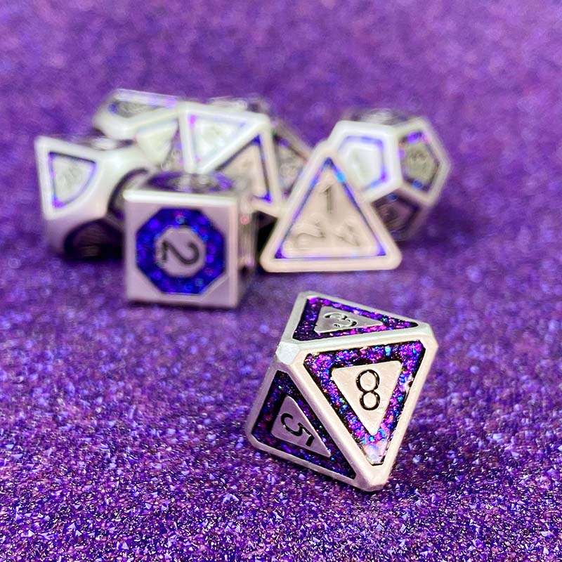 Sage's Wonders - Pearl Silver Purple Glitter Inlay Metal Polyhedral Dice Set - Sage's PortalMetal Dice Set