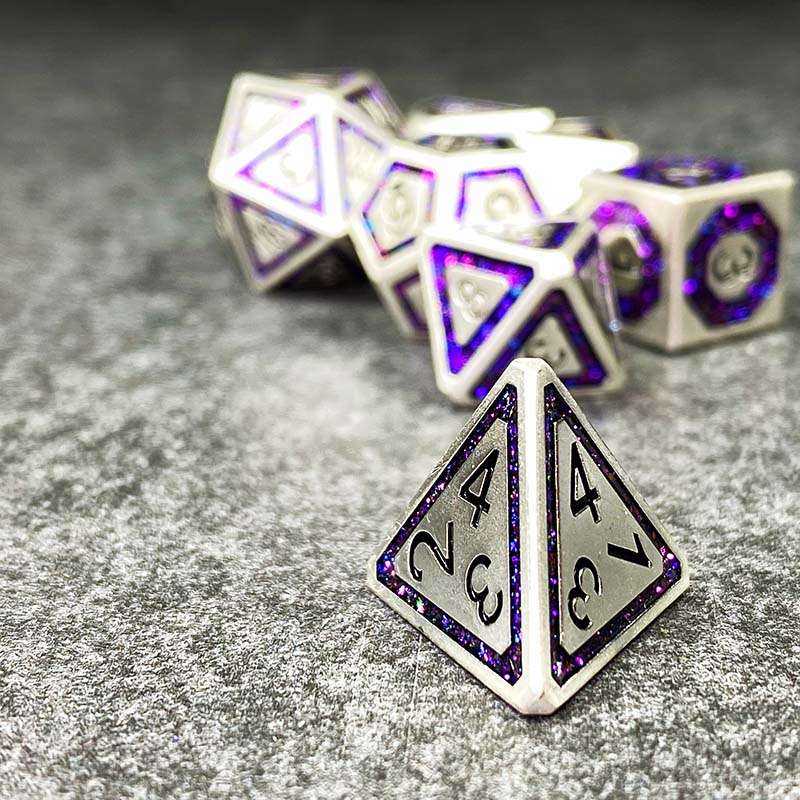 Sage's Wonders - Pearl Silver Purple Glitter Inlay Metal Polyhedral Dice Set - Sage's PortalMetal Dice Set