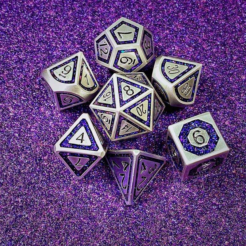 Sage's Wonders - Pearl Silver Purple Glitter Inlay Metal Polyhedral Dice Set - Sage's PortalMetal Dice Set