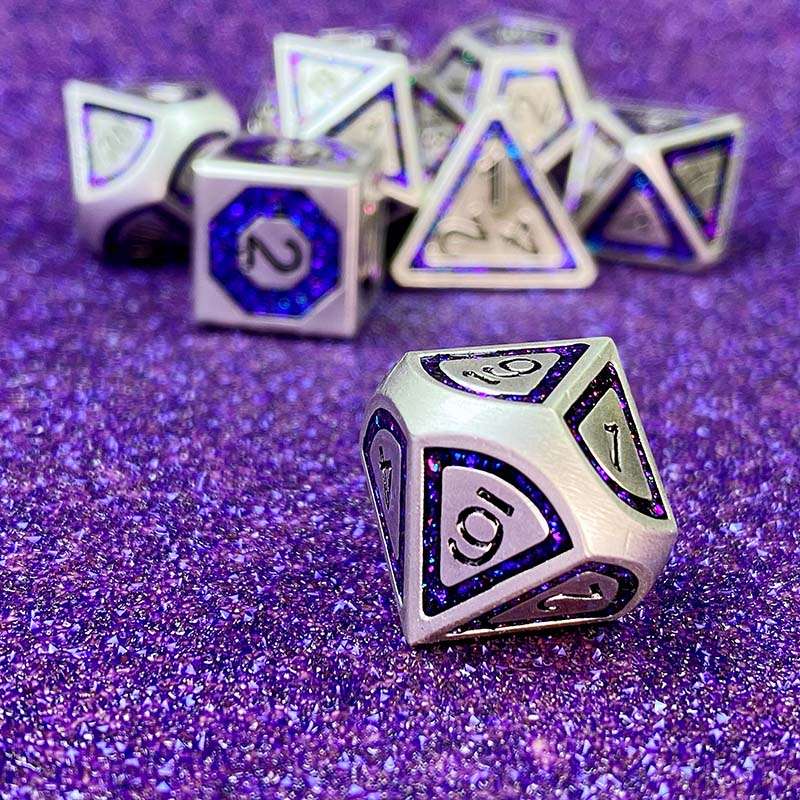 Sage's Wonders - Pearl Silver Purple Glitter Inlay Metal Polyhedral Dice Set - Sage's PortalMetal Dice Set