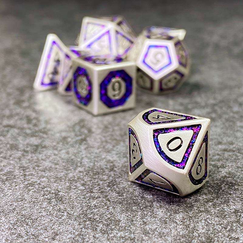 Sage's Wonders - Pearl Silver Purple Glitter Inlay Metal Polyhedral Dice Set - Sage's PortalMetal Dice Set