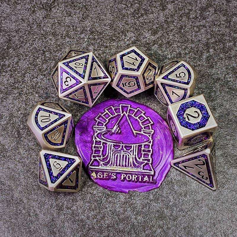 Sage's Wonders - Pearl Silver Purple Glitter Inlay Metal Polyhedral Dice Set - Sage's PortalMetal Dice Set