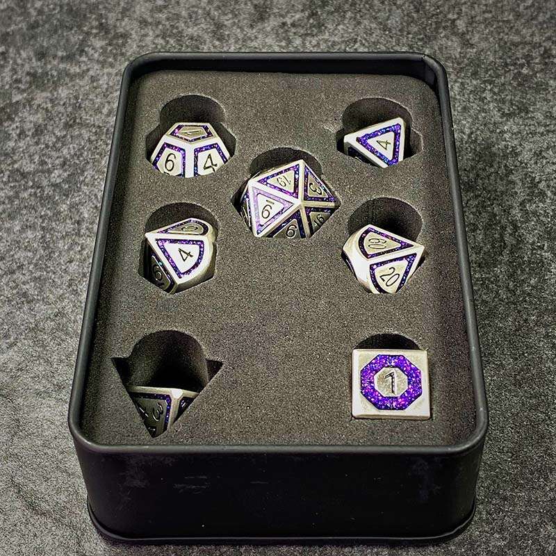 Sage's Wonders - Pearl Silver Purple Glitter Inlay Metal Polyhedral Dice Set - Sage's PortalMetal Dice Set