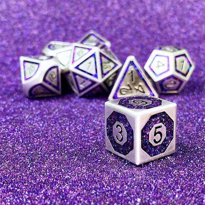 Sage's Wonders - Pearl Silver Purple Glitter Inlay Metal Polyhedral Dice Set - Sage's PortalMetal Dice Set