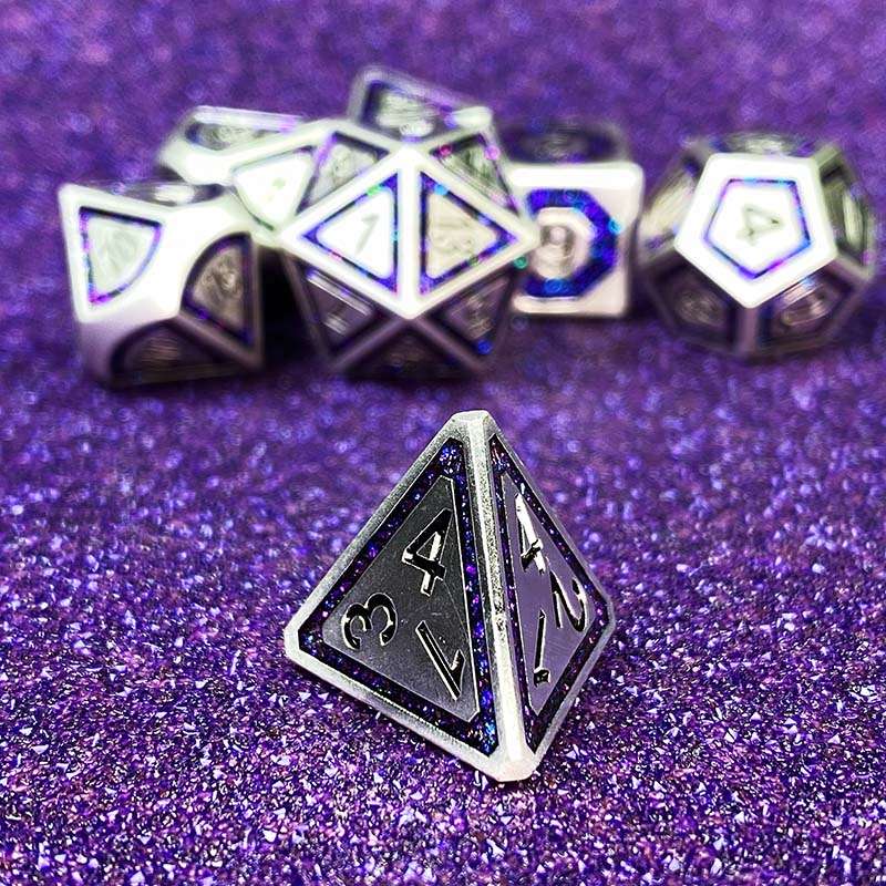 Sage's Wonders - Pearl Silver Purple Glitter Inlay Metal Polyhedral Dice Set - Sage's PortalMetal Dice Set