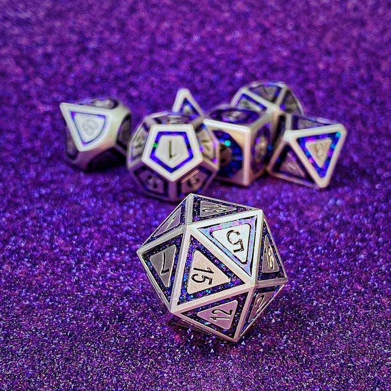 Sage's Wonders - Pearl Silver Purple Glitter Inlay Metal Polyhedral Dice Set - Sage's PortalMetal Dice Set