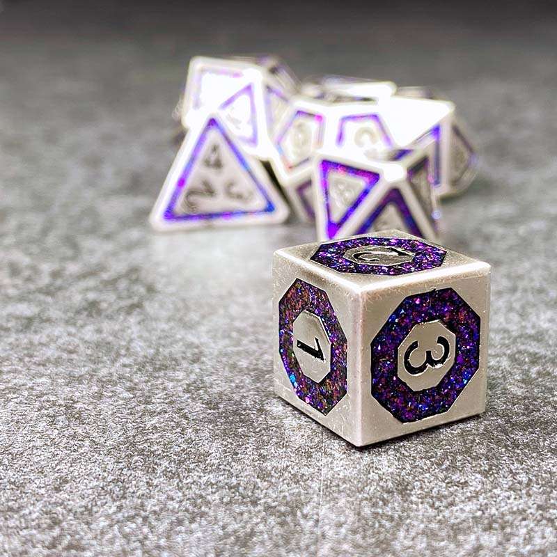 Sage's Wonders - Pearl Silver Purple Glitter Inlay Metal Polyhedral Dice Set - Sage's PortalMetal Dice Set