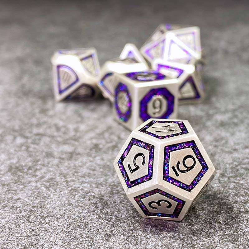 Sage's Wonders - Pearl Silver Purple Glitter Inlay Metal Polyhedral Dice Set - Sage's PortalMetal Dice Set