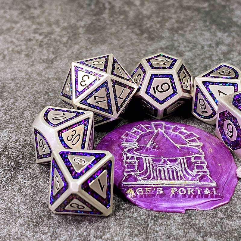 Sage's Wonders - Pearl Silver Purple Glitter Inlay Metal Polyhedral Dice Set - Sage's PortalMetal Dice Set